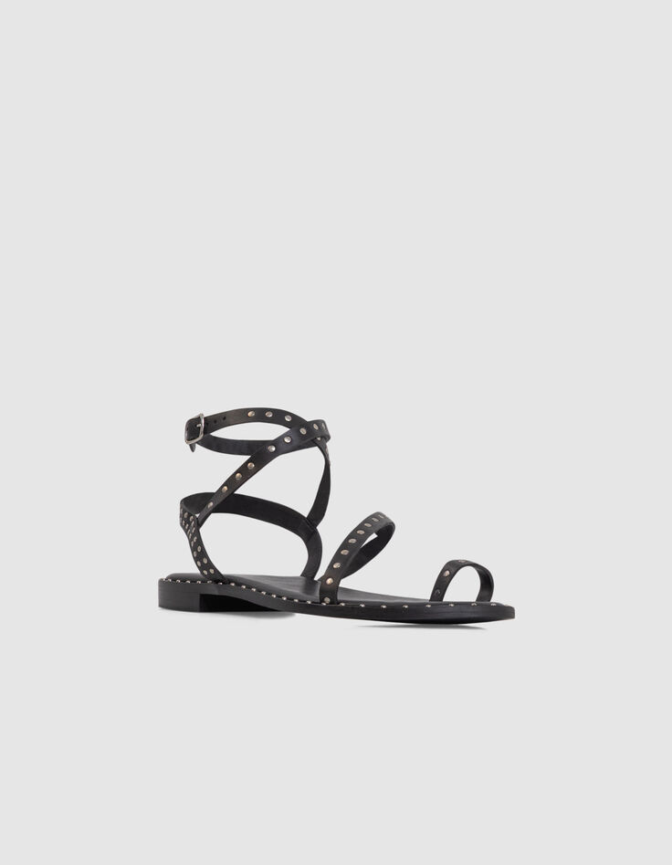 Sandales-tongs plates noires cuir clouté Femme-2