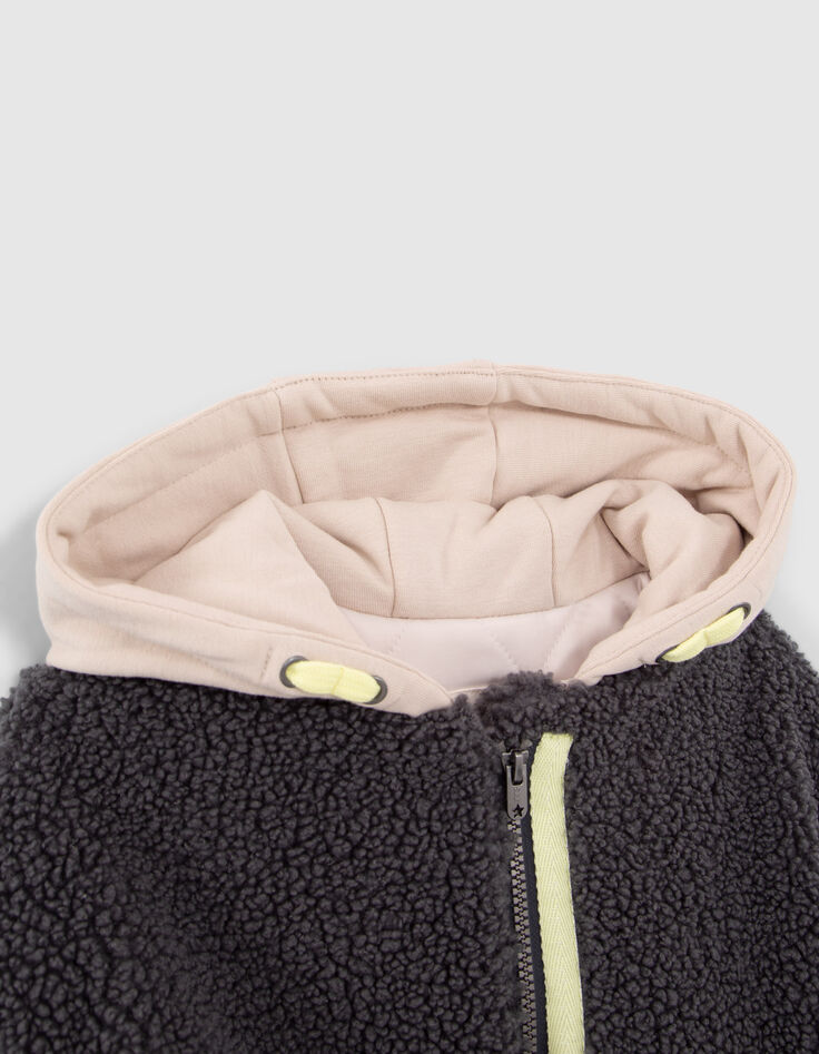 Manteau gris en Sherpa capuche bi-matière fille-2