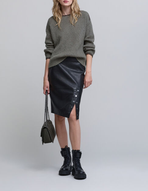 Women’s army green ribbed knit sweater with lurex details - IKKS