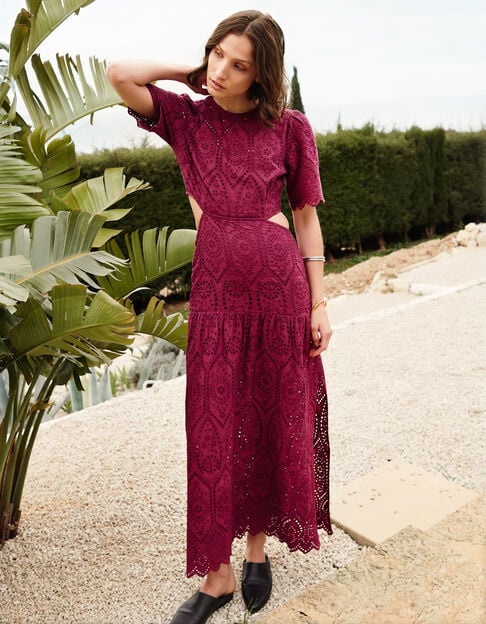 Women’s burgundy eyelet embroidery open back long dress - IKKS