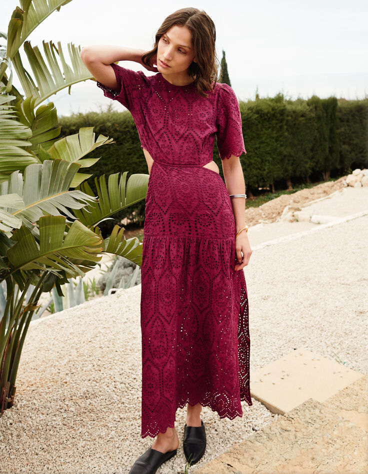 Robe longue bordeaux broderie anglaise ouverture dos Femme-6