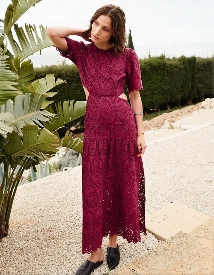 Robe longue bordeaux broderie anglaise ouverture dos Femme-6 Robe longue bordeaux broderie anglaise ouverture dos Femme-6