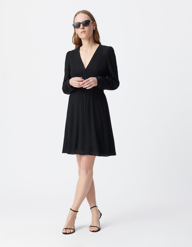 Schwarzes Kleid für Damen mit Falten und Knöpfen-2