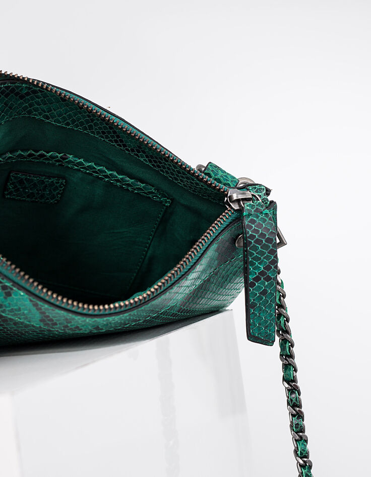 Sac double pochette Reporter cuir vert effet serpent femme-5