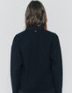 Cardigan bi-matière en maille et denim noir boutons femme-3