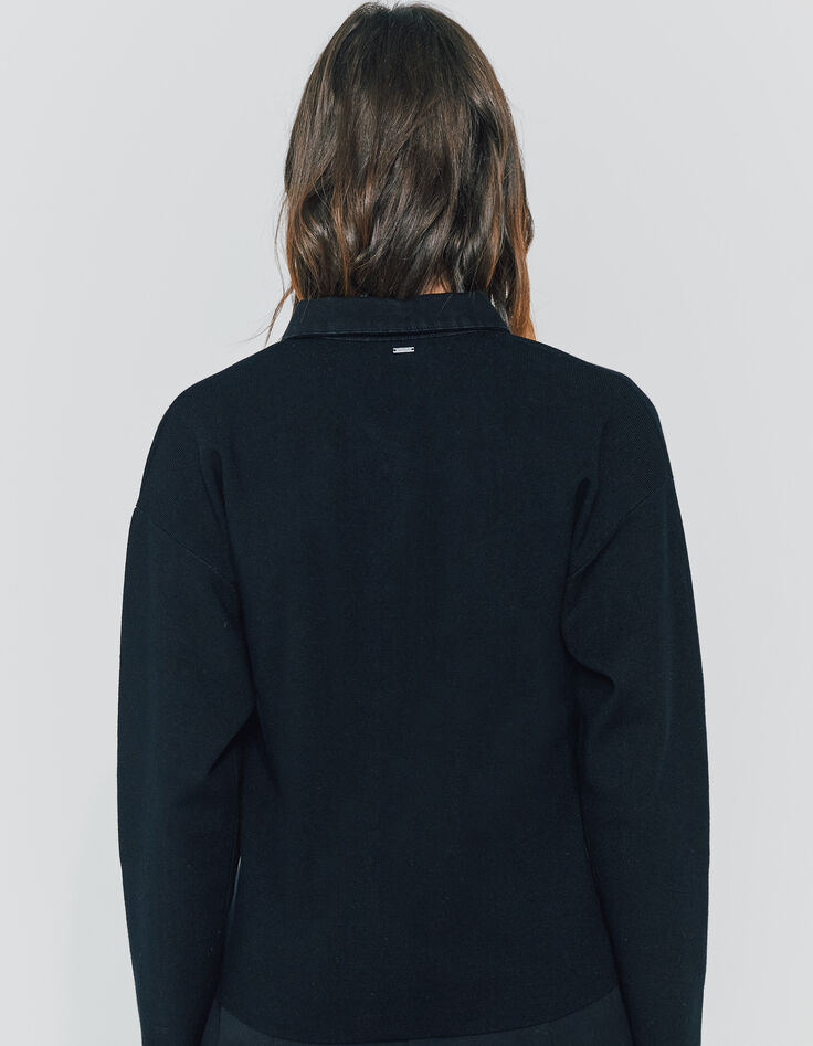 Cardigan bi-matière en maille et denim noir boutons femme-3 Cardigan bi-matière en maille et denim noir boutons femme-3