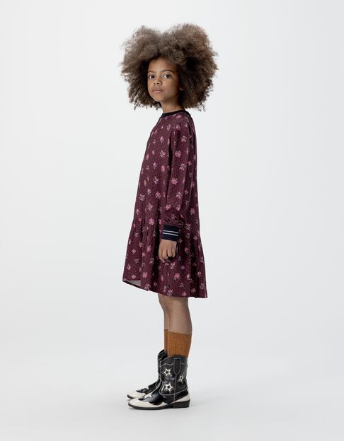 Girls’ burgundy long-sleeved dress with bouquet print - IKKS