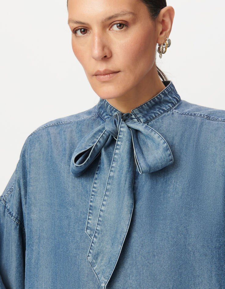 Blouse à lavallière bleue en Lyocell® fluide Femme-4 Blouse à lavallière bleue en Lyocell® fluide Femme-4