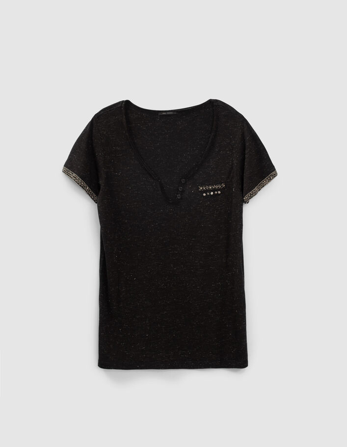 Zwart T-shirt Tunesische kraag, details borstzak dames  - IKKS