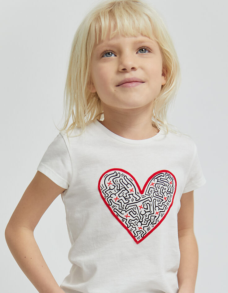 Tee-shirt blanc cass&eacute; KEITH HARING x IKKS &agrave; c&oelig;ur fille-5