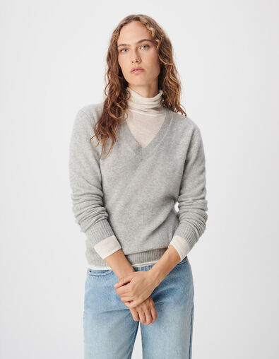 Pull col V gris tricot 100% cachemire Femme - IKKS