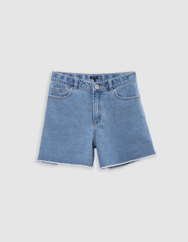 Short en jean bleu bords frangés fille-5