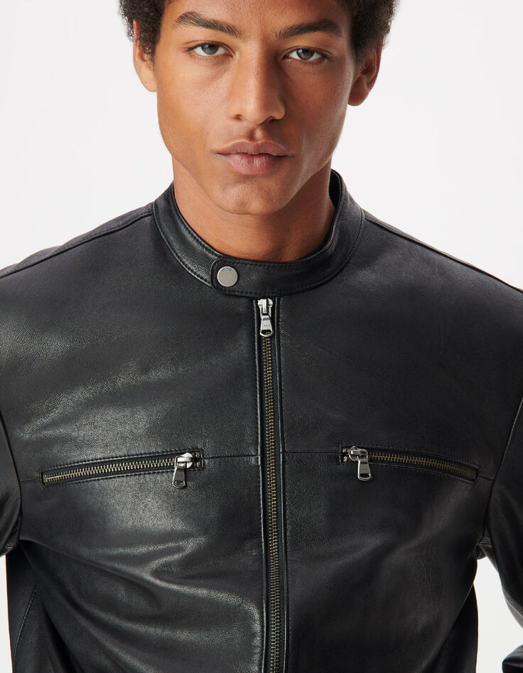 Blouson cuir noir zipp&eacute; Homme-4