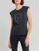 Tee-shirt gris t&ecirc;te de mort brod&eacute;e fils et strass Femme-2