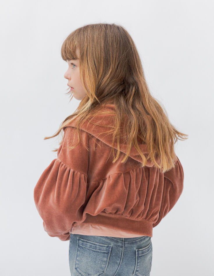 Cardigan rose cuivré maille velours à capuche fille-2