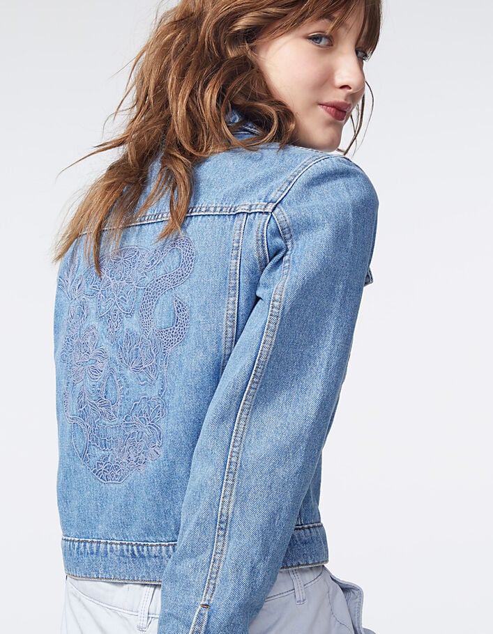 Women’s blue denim short jacket embroidered on back-1