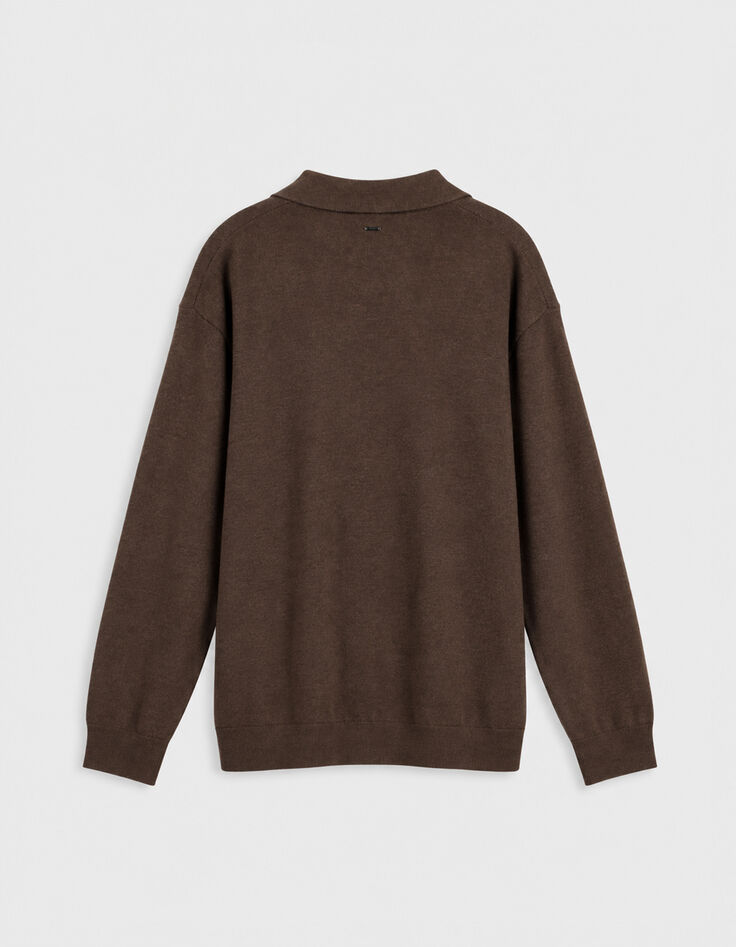 Bruin gebreid poloshirt met lange mouwen voor heren-2