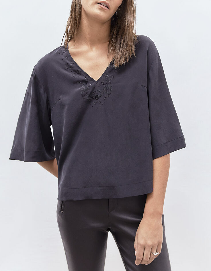 Pure Edition top à manches kimono en soie noir femme-1