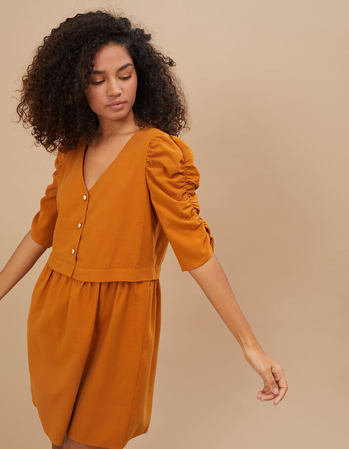 I.Code golden yellow dress with gathered sleeves - I.CODE