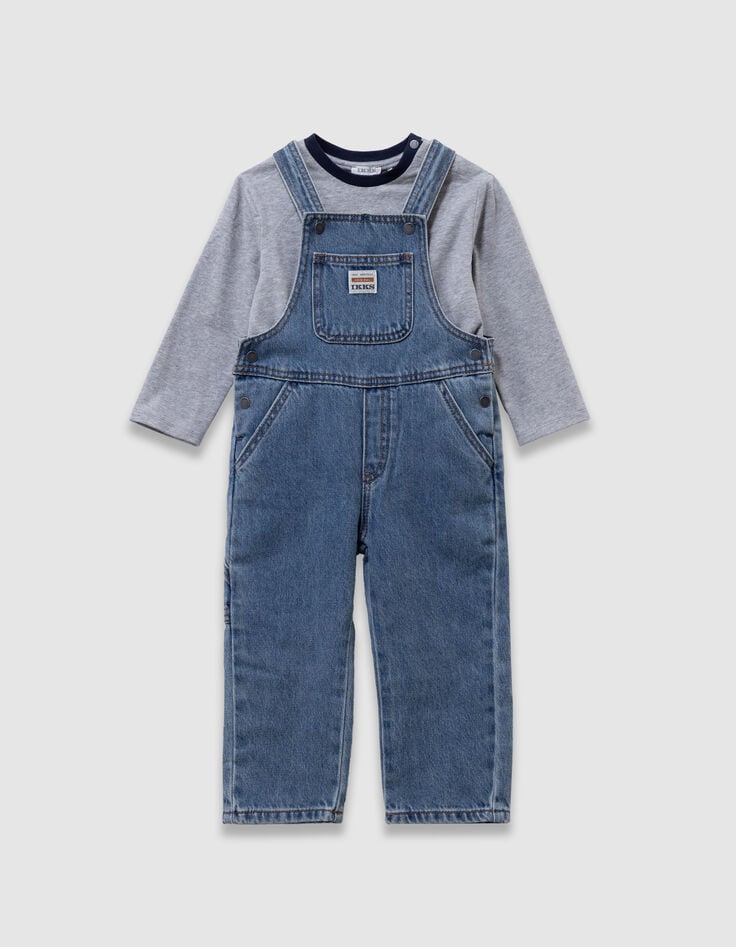 Ensemble t-shirt et salopette en jean bleu bébé garçon-1 Ensemble t-shirt et salopette en jean bleu bébé garçon-1