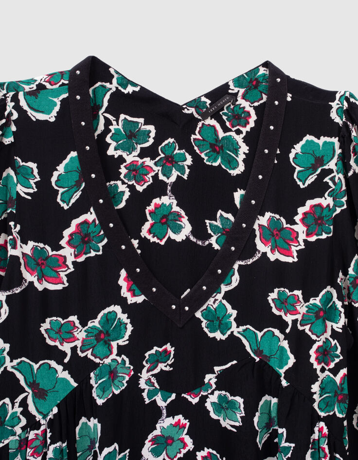 Robe noire imprimé maxi floral à col clouté Femme-2 Robe noire imprimé maxi floral à col clouté Femme-2