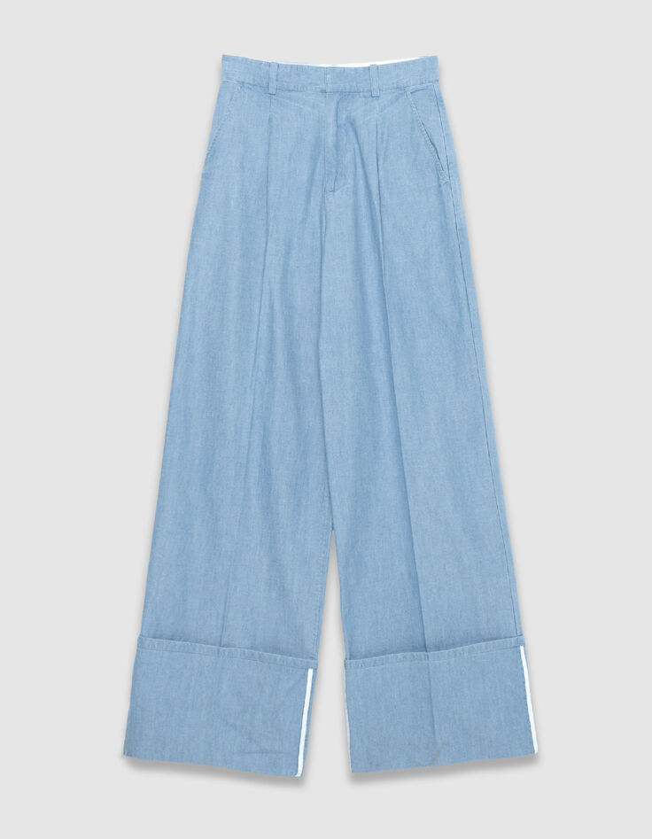 Dames blauw broekpak van biologisch katoen met brede revers-7