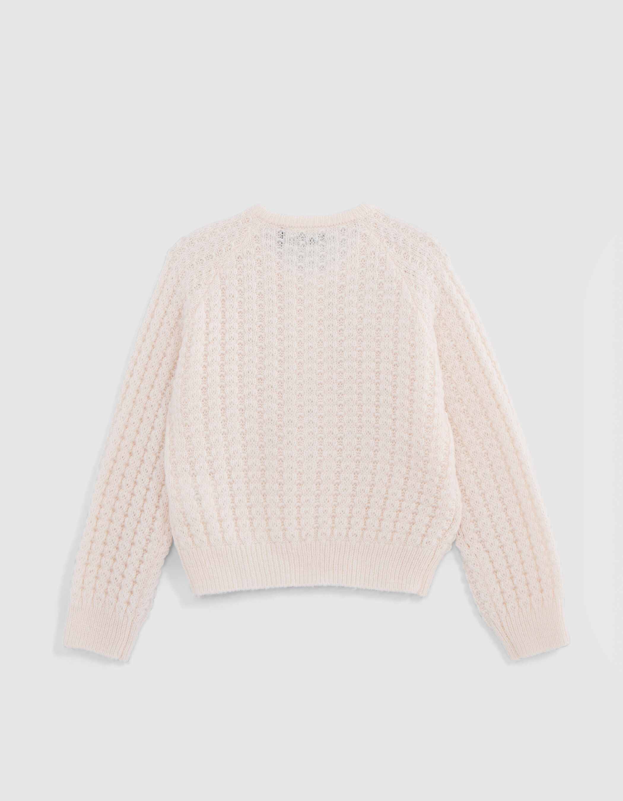 Girl's ecru cardigan with zipper and fancy openwork knit