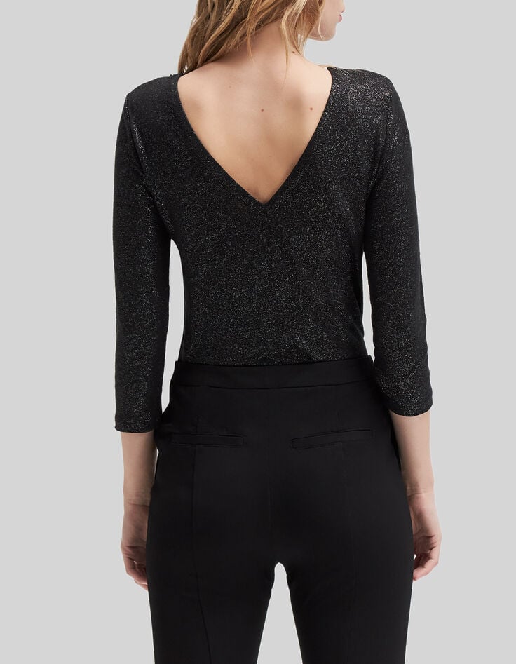 Camiseta negra de lino con tachuelas para mujer-3