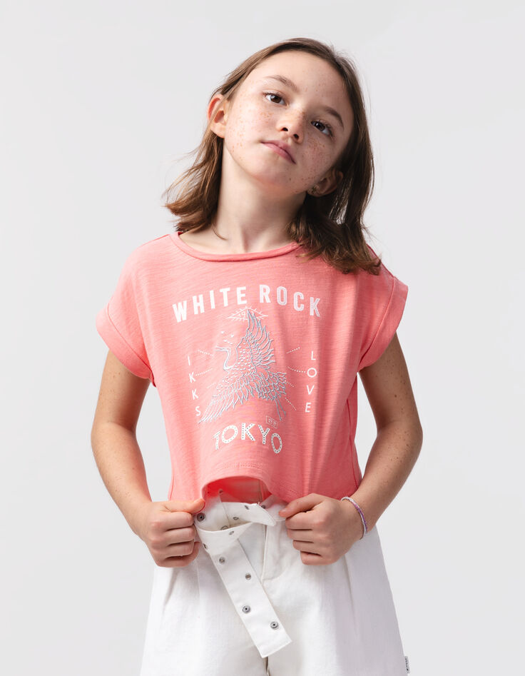 T-shirt corail coton bio oiseau silver fille-1