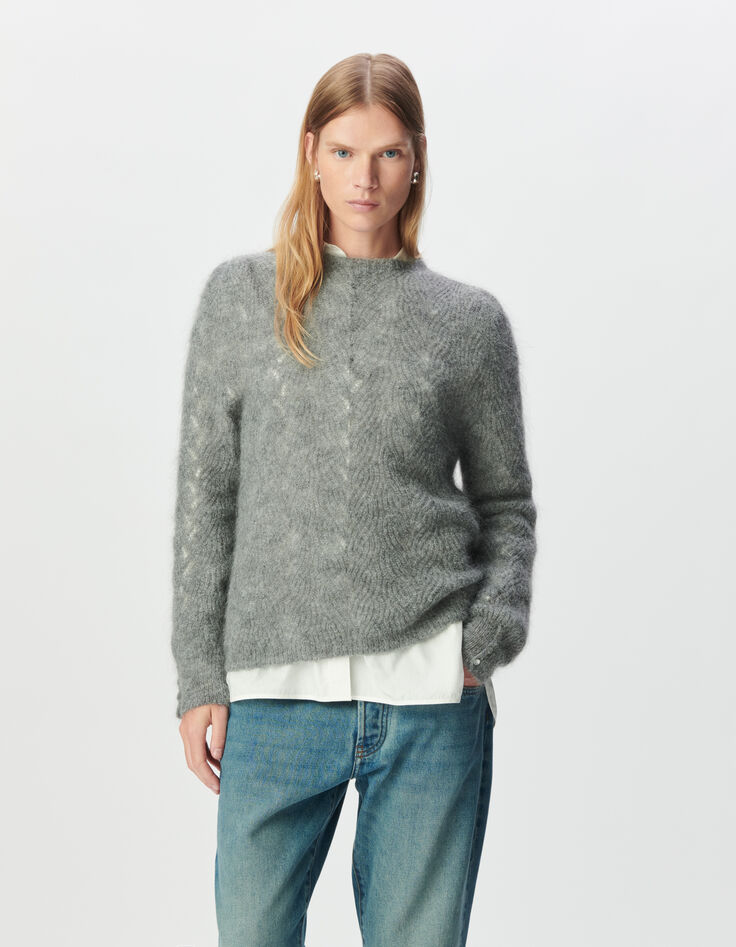 Grauer Damenstrickpulli Mohair-Mix, Zopfmuster-2