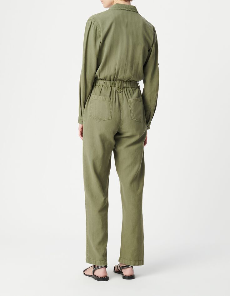 Combinaison en jean souple kaki taille &eacute;lastiqu&eacute;e Femme-3