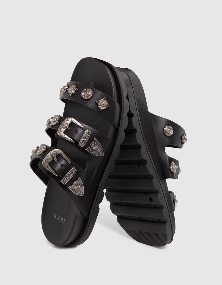 Mules noires triple bride western rock Femme-6
