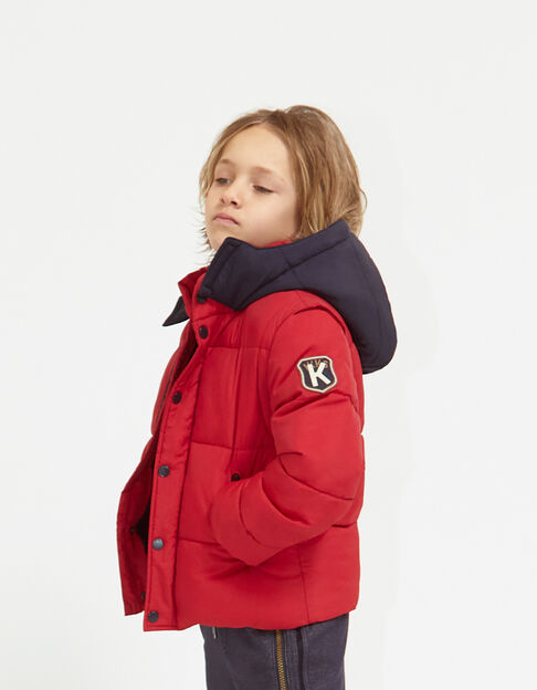 Boys’ medium red fur-lined navy hooded padded jacket