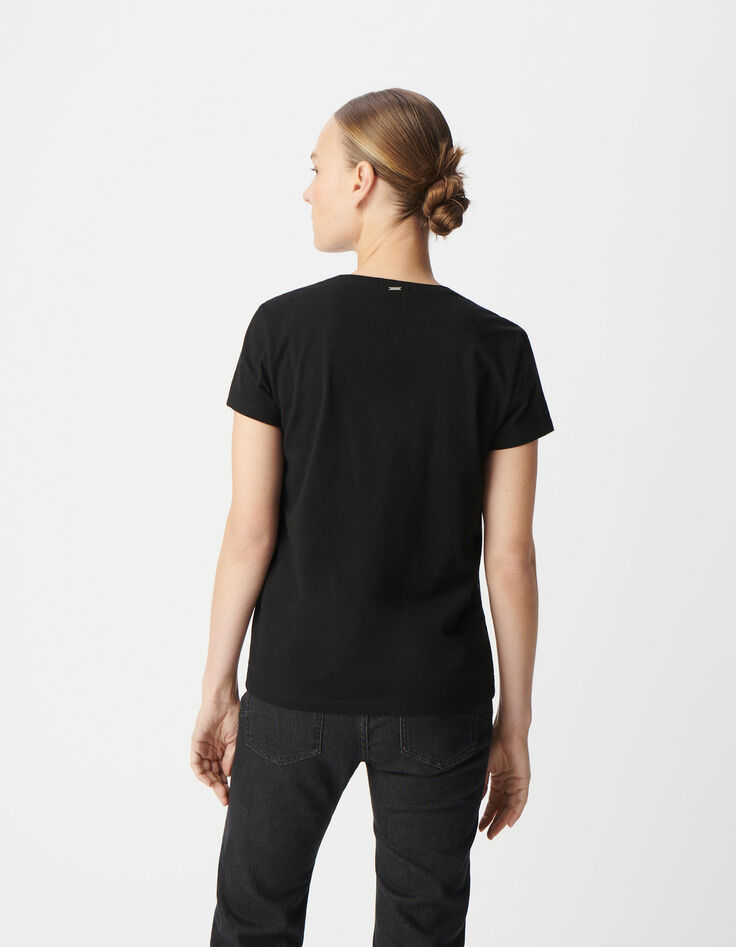 Schwarzes T-Shirt aus Bio-Baumwolle mit Pailletten-Botschaft f&uuml;r Damen-4