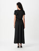 Women's black satin maxi dress with crinkled lace details-5