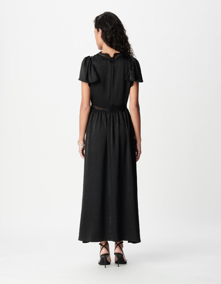 Women's black satin maxi dress with crinkled lace details-5