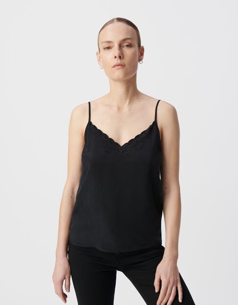 Black strappy top with embroidery for women - IKKS