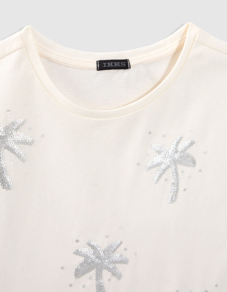 Ecru T-shirt met geborduurde palmen en lovertjes meisjes-2