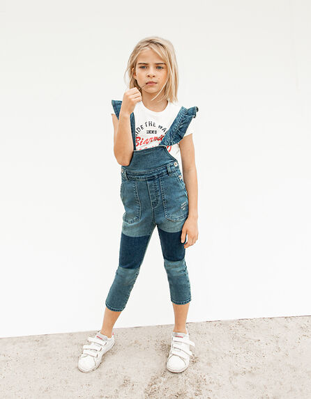 Mädchen-Jeanslatzhose und T-Shirt in Cremeweiß