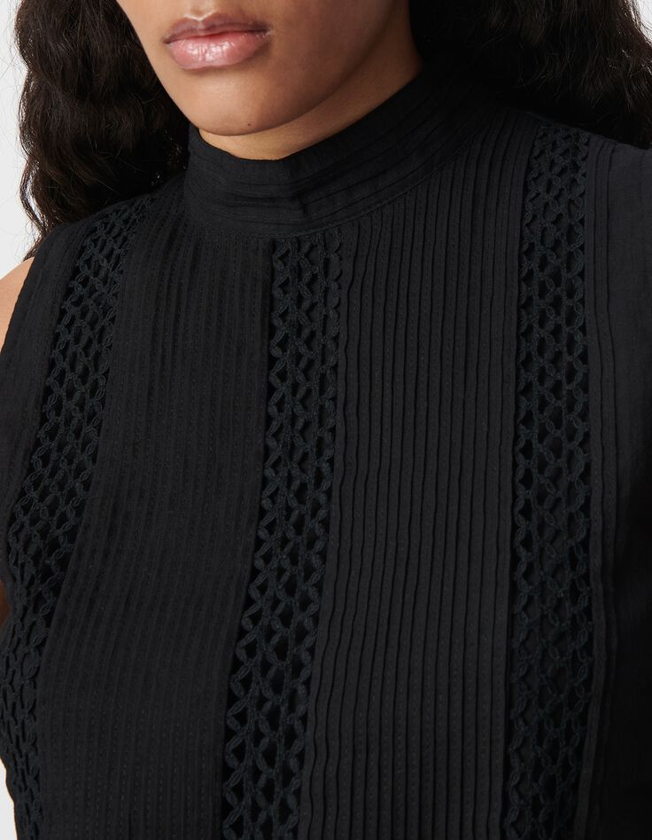 Mujer top negro sin mangas de algod&oacute;n org&aacute;nico con ribetes-5