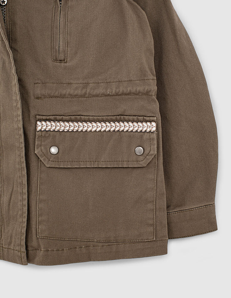 Parka kaki brodée dos à capuche amovible fille-5