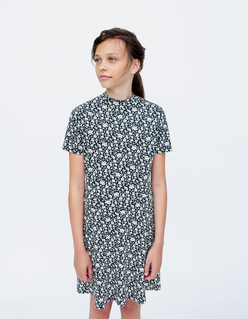 Schwarzes Mädchenkleid mit Blumenprint