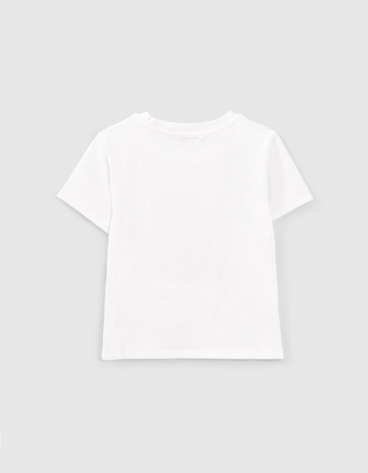 Girls’ white cropped cotton T-shirt with concert image-3