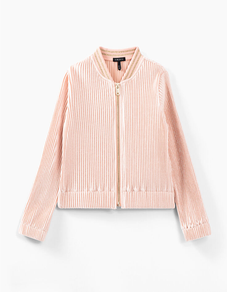 Cardigan rose poudré forme bomber en velours plissé fille-2