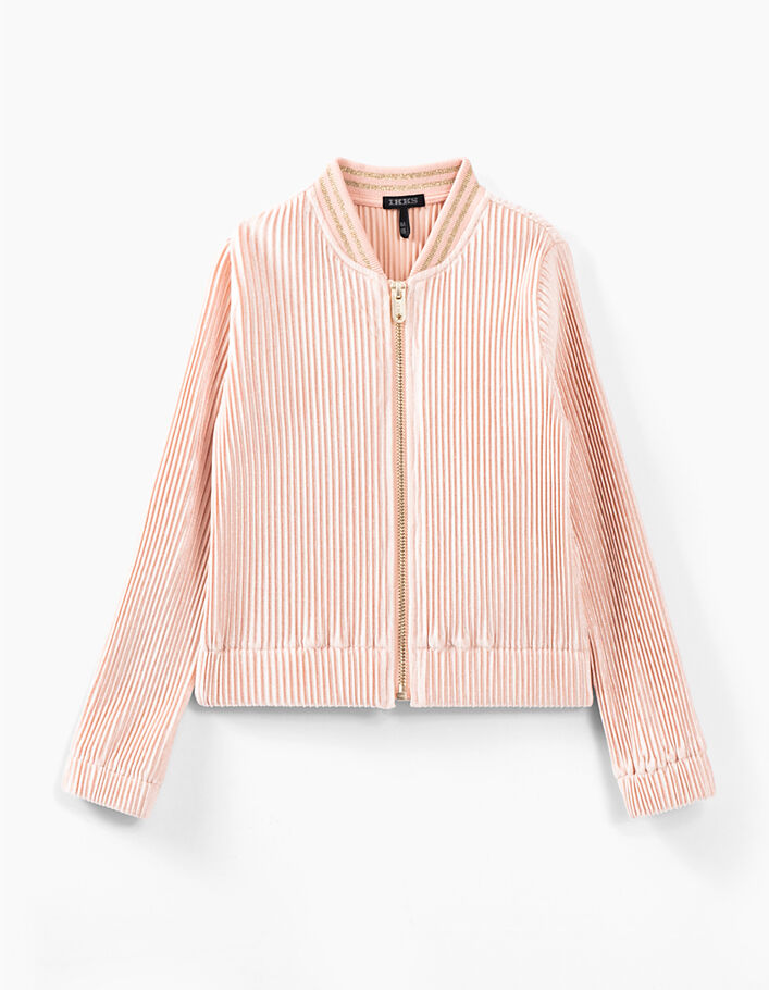 Girls’ powder pink pleated velvet bomber-style cardigan - IKKS