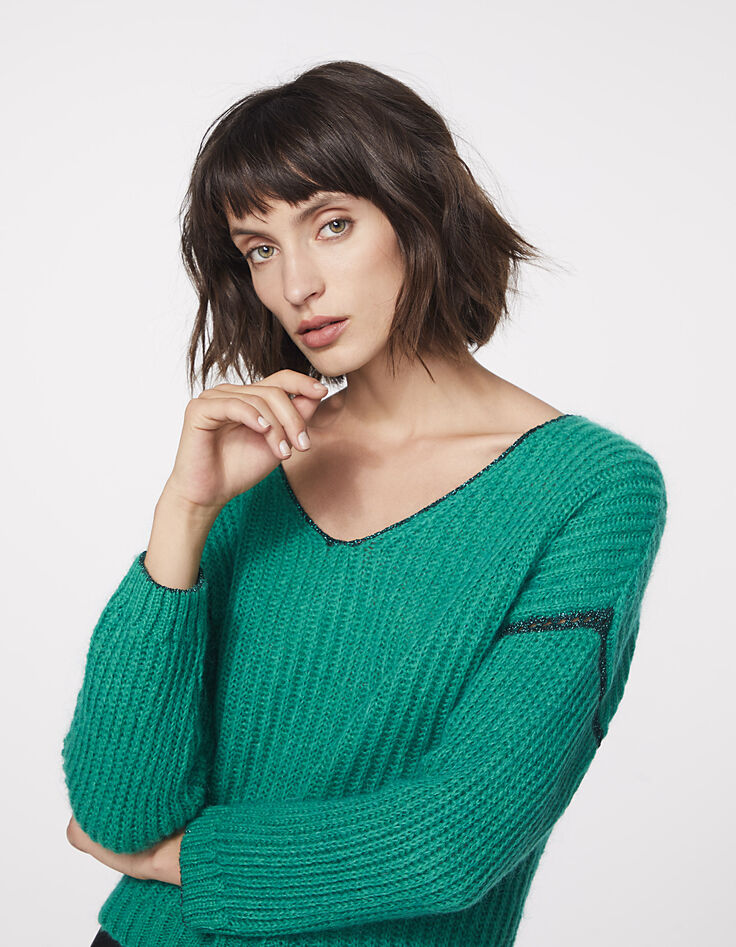 Pull cropped vert en laine mousseuse femme-4
