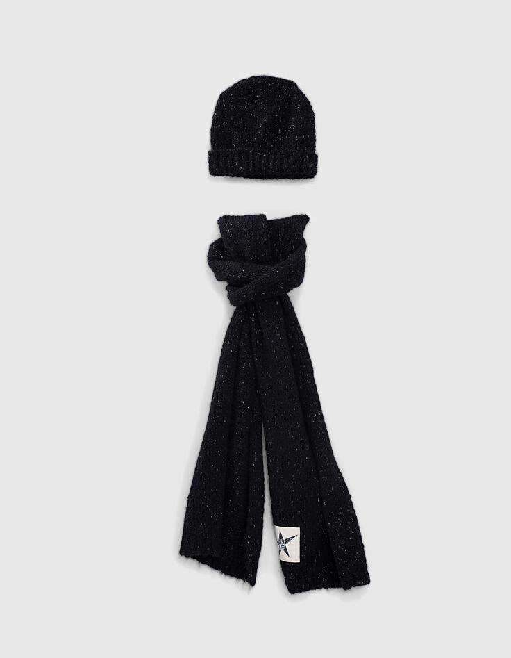 Set bonnet et écharpe en tricot noir métallisé femme-1