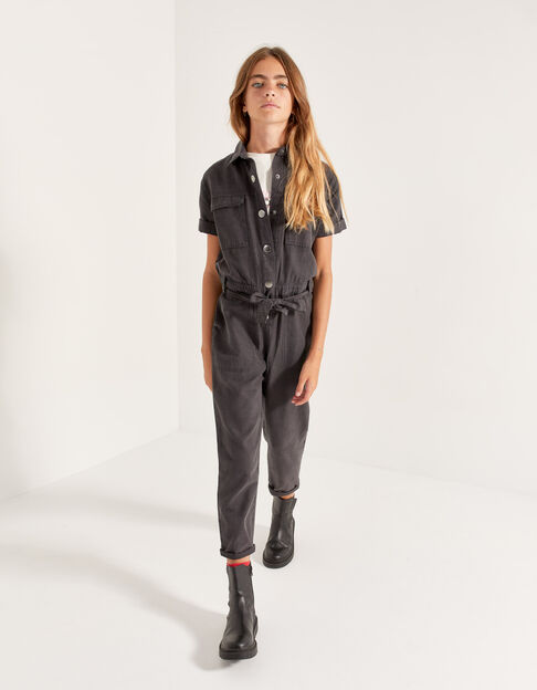 Girls’ grey denim jumpsuit with press studs