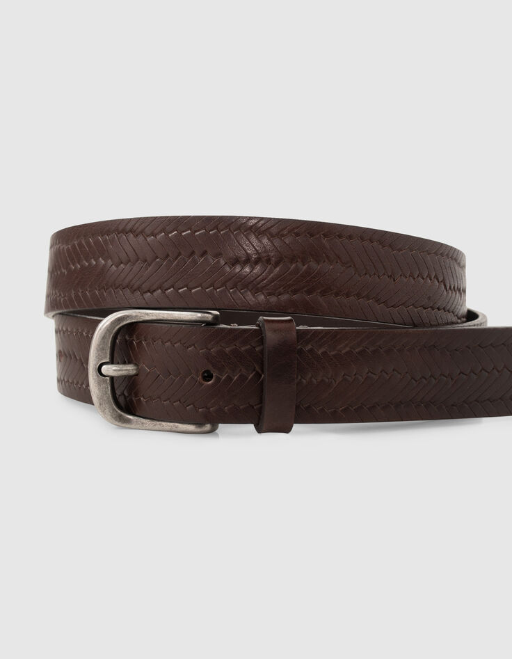 Ceinture marron foncé en cuir embossé tressage Homme-2
