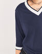 Marineblauw T-shirt katoen metallic ribboord dames-5
